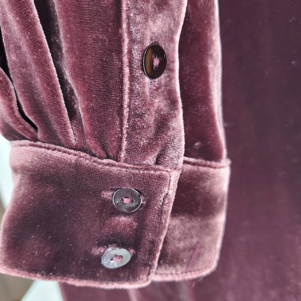 EILEEN FISHER VELVET MANDARIN COLLAR BURGUNDY Shirt Dress S/P - Picture 14 of 16